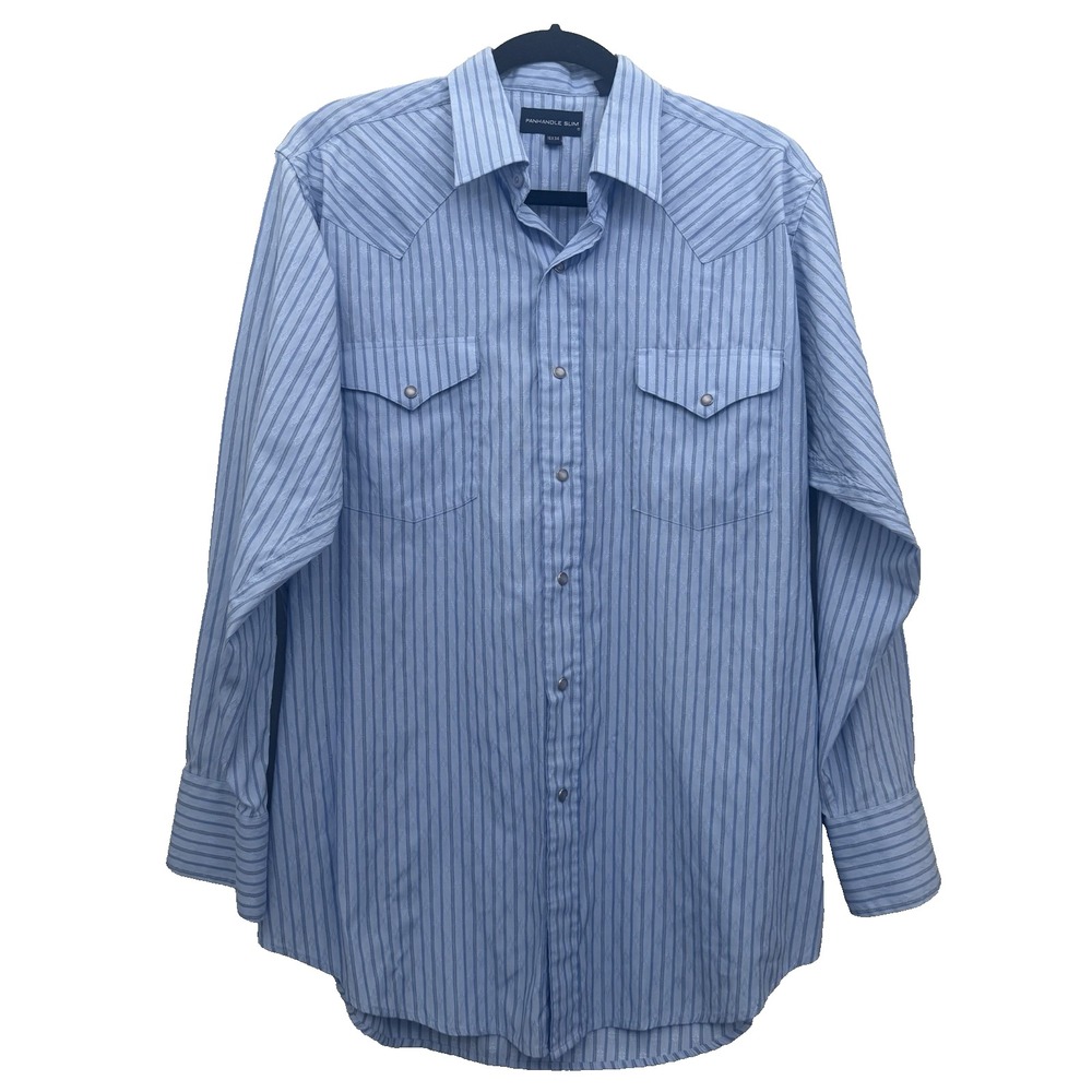 Panhandle Slim Western Dress Shirt Men 16 34 Blue Pearl Snap Stripe Chest Pocket